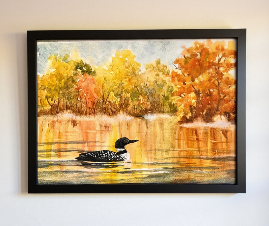 Autumn Loon on Golden Reflections 11x14 watercolor