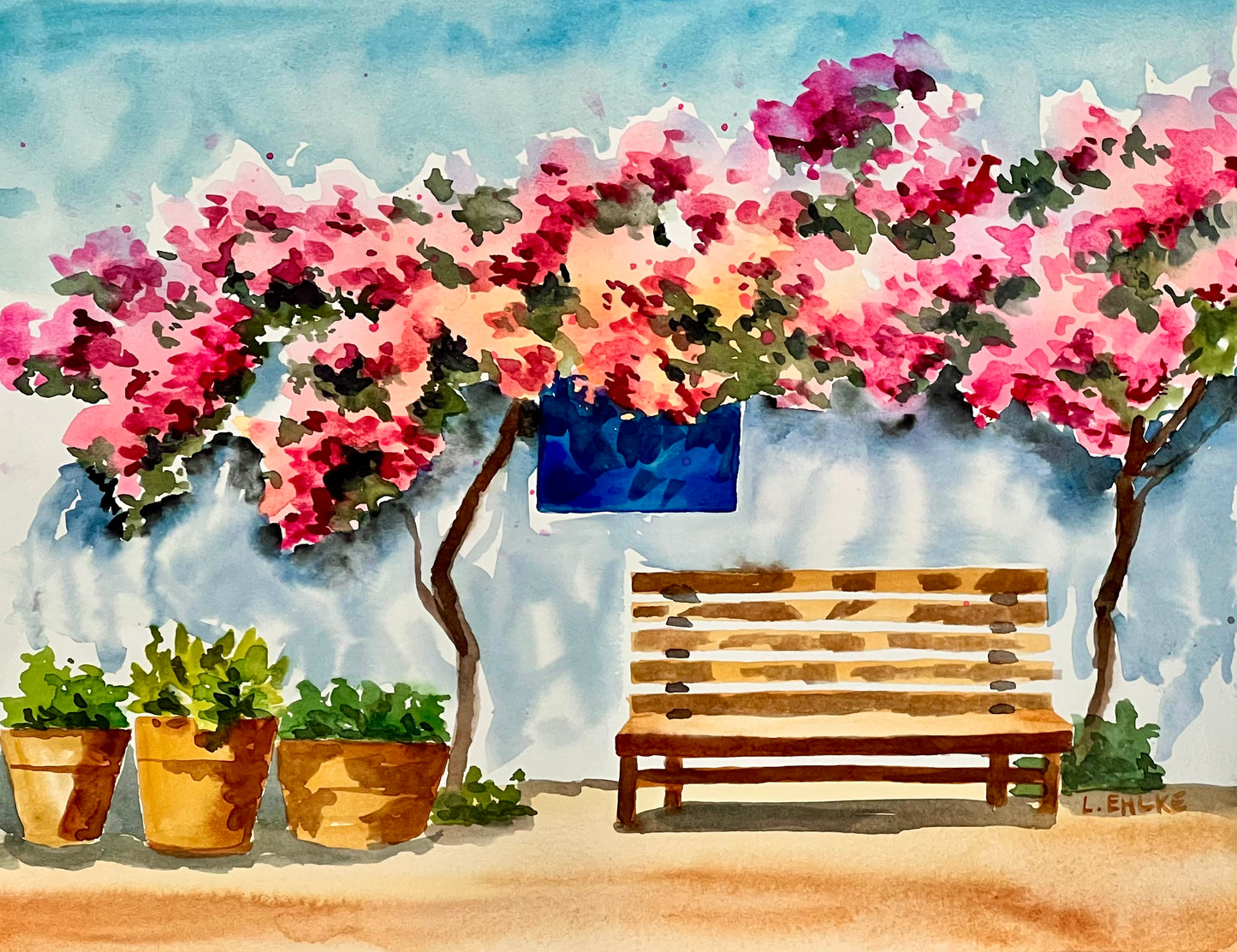 Pink Flowers over Bench - Watercolor Print