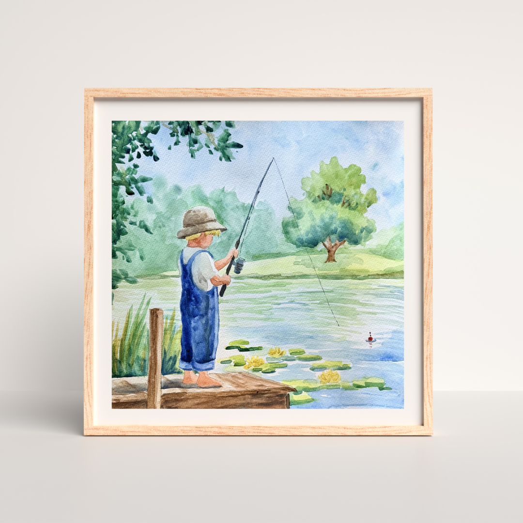 Boy Fishing - Watercolor Original - 12x12