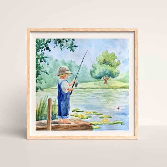 Boy Fishing - Watercolor Original - 12x12