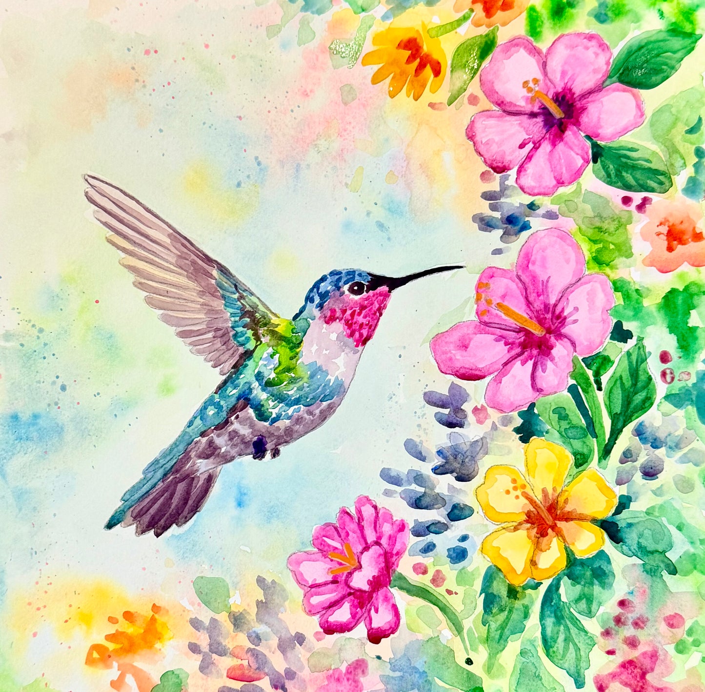 Hummingbird with Flowers - Watercolor Print