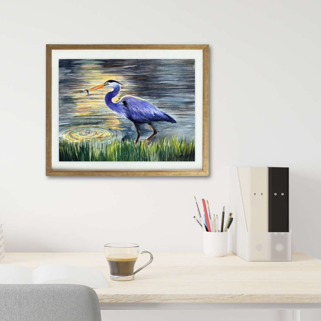 Heron with Fish - Watercolor Original - 11x14