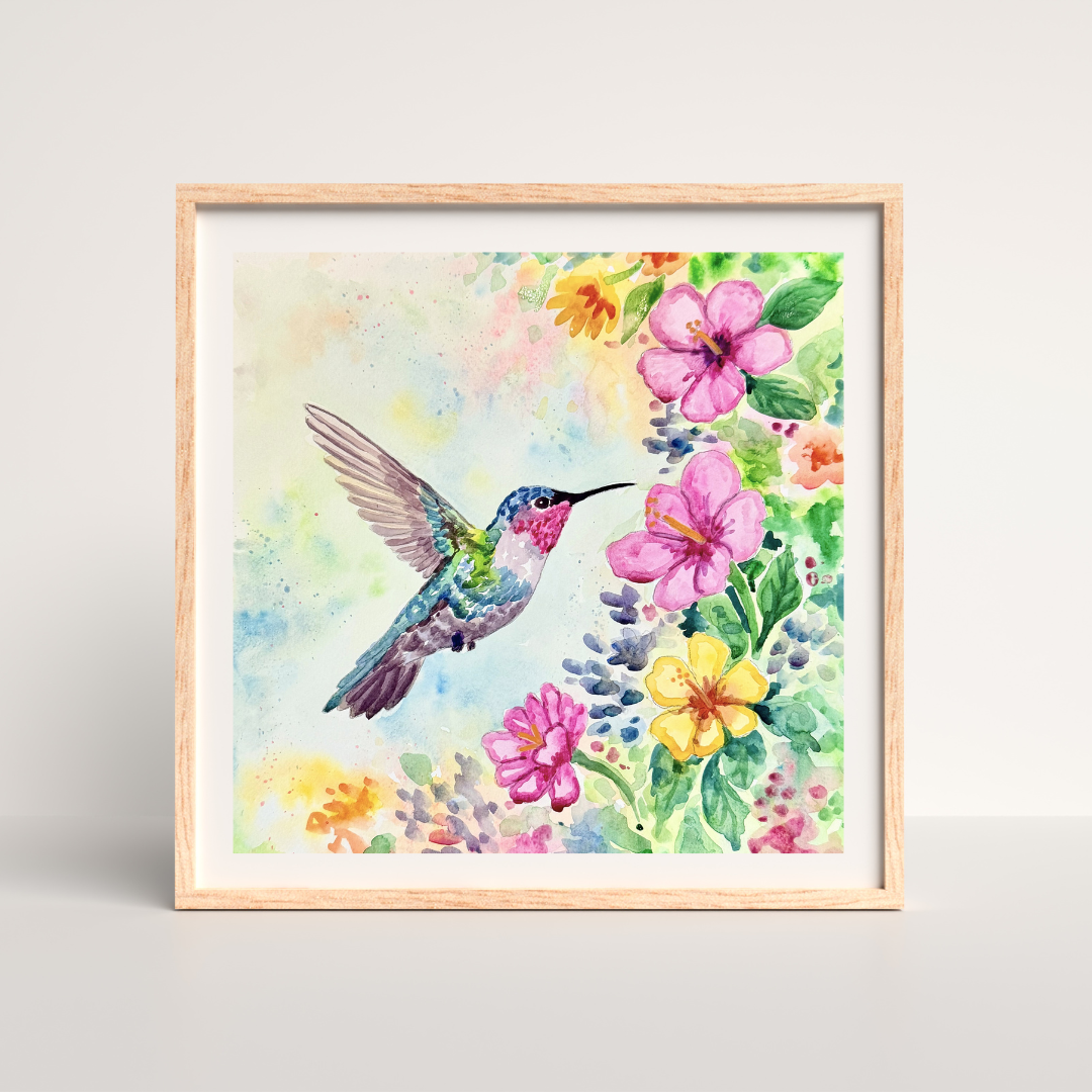 Hummingbird with Flowers - Watercolor Original - 12x12