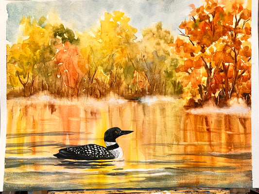 Autumn Loon on Golden Reflections 11x14 watercolor