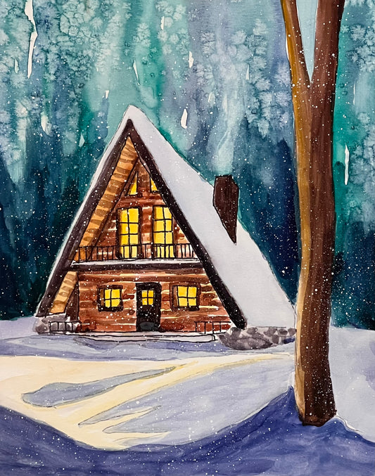 Watercolor  Winter A-Frame Cabin 9 x 12