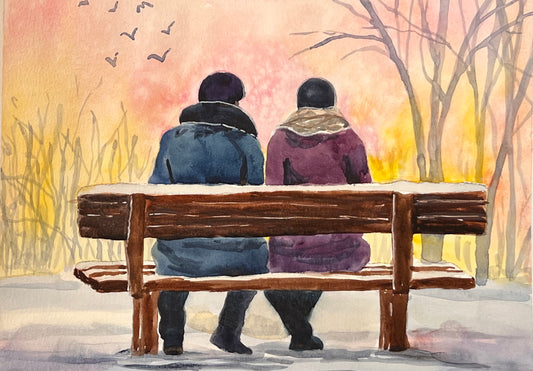 Watercolor Couple in Winter 9 x 12