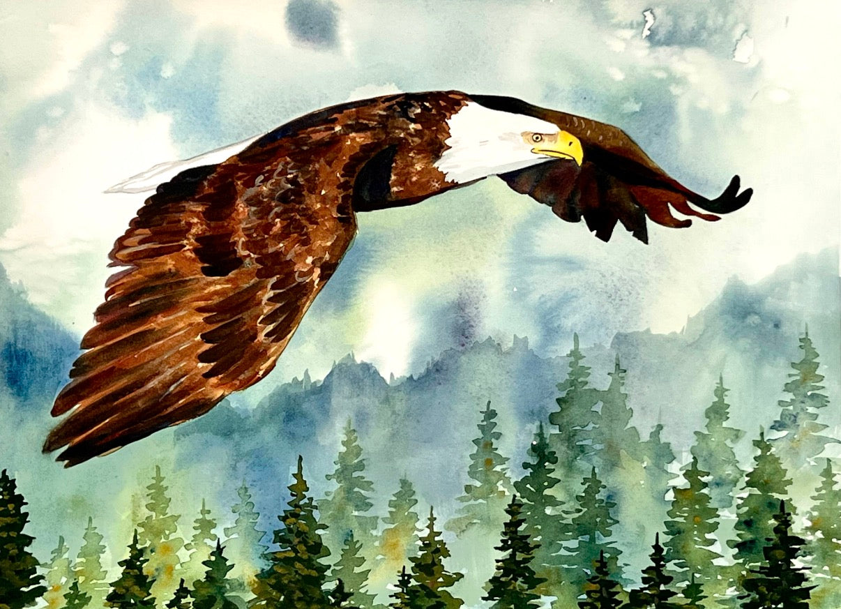 Eagle over Trees - Watercolor Original - 11x14 inch