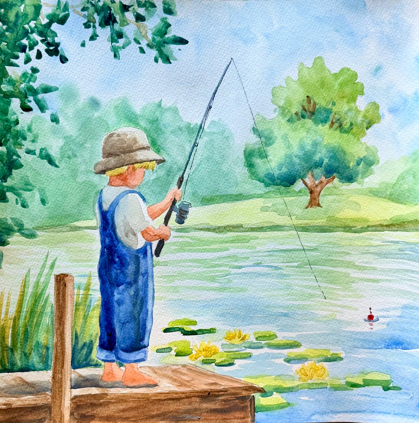 Boy Fishing - Watercolor Original - 12x12