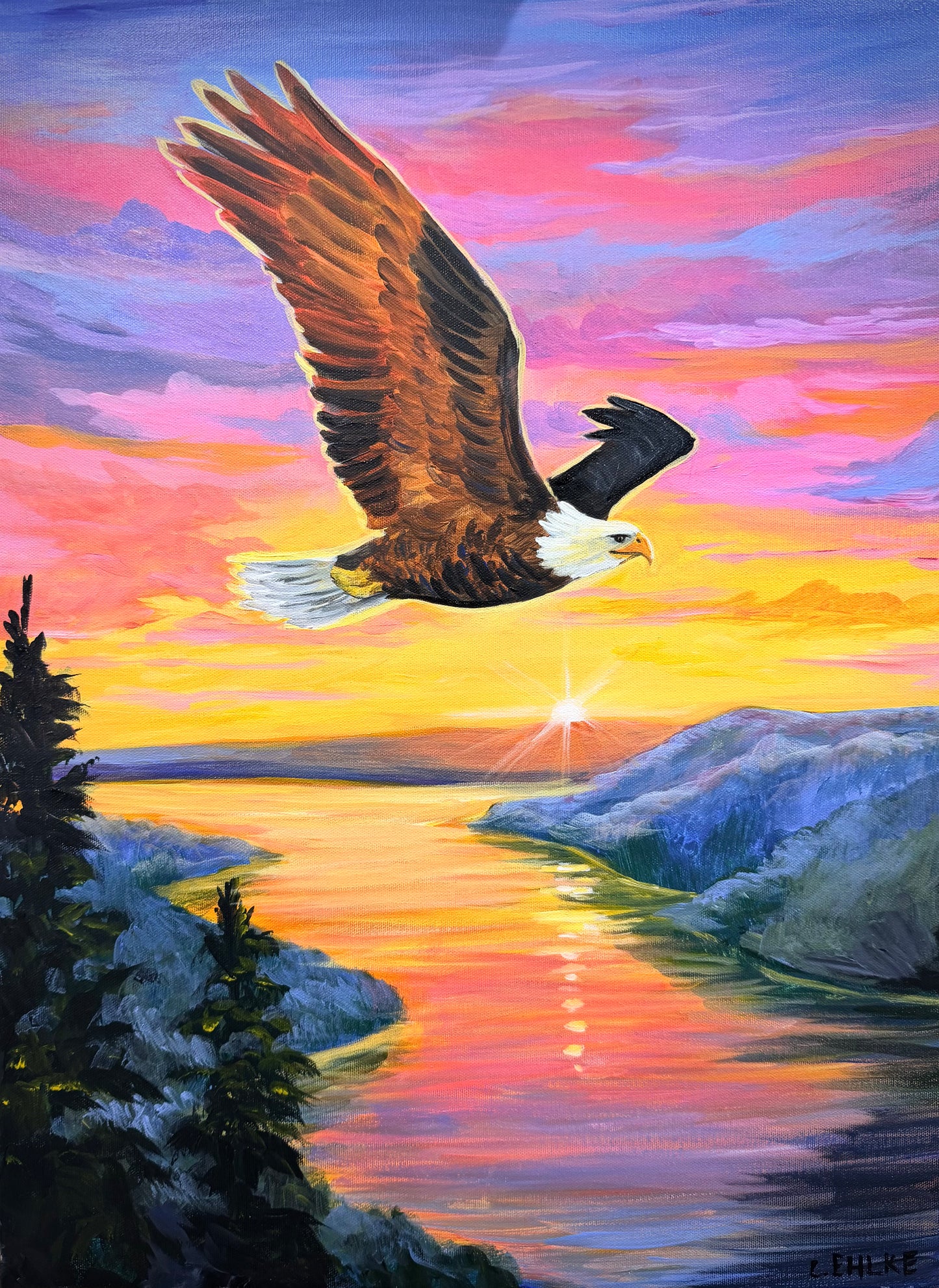 Eagle Flying at Sunset - Acrylic Original - 18x24