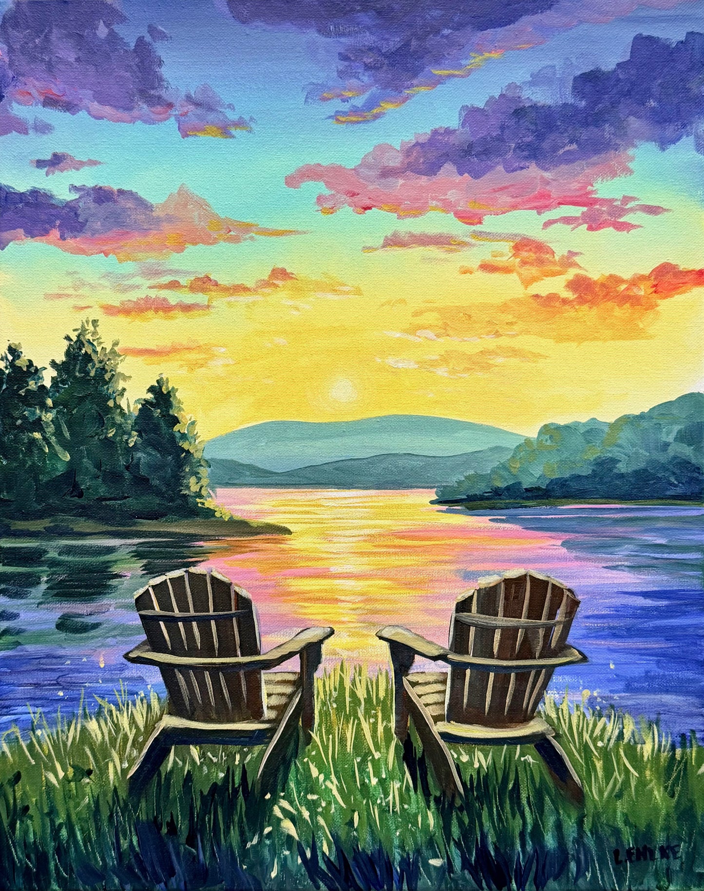Two Chairs Sunset Lake - Acrylic Original - 16x20
