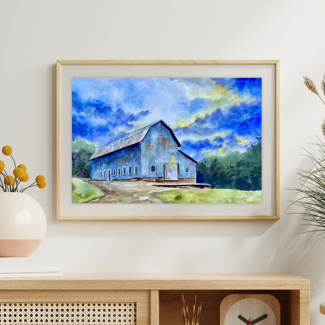 Blue Barn Watercolor - Watercolor Print