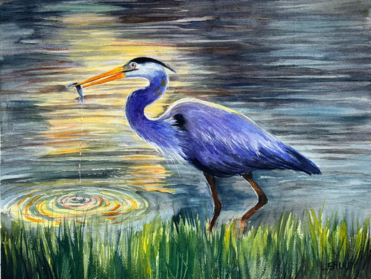 Heron with Fish - Watercolor Original - 11x14