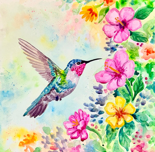 Hummingbird with Flowers - Watercolor Original - 12x12