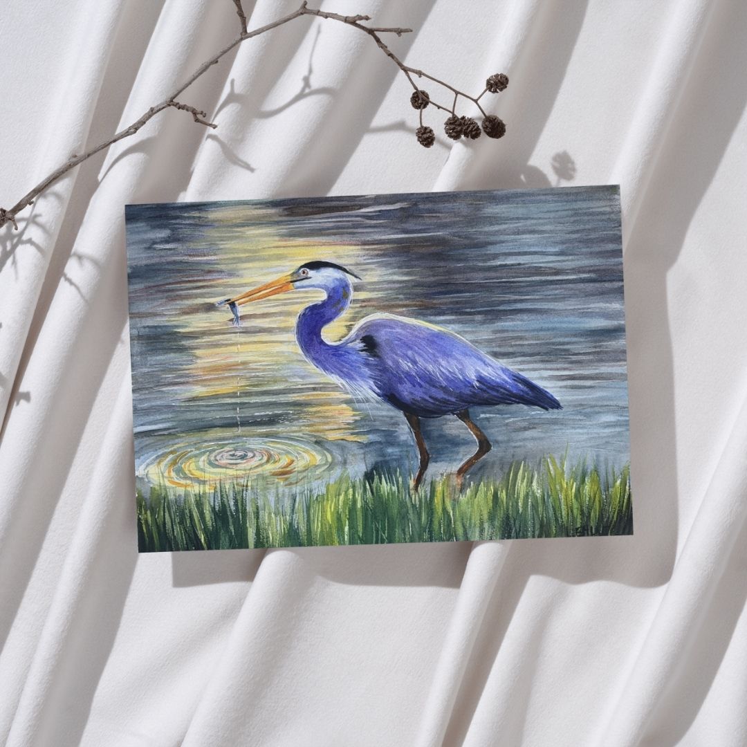 Heron with Fish - Watercolor Print