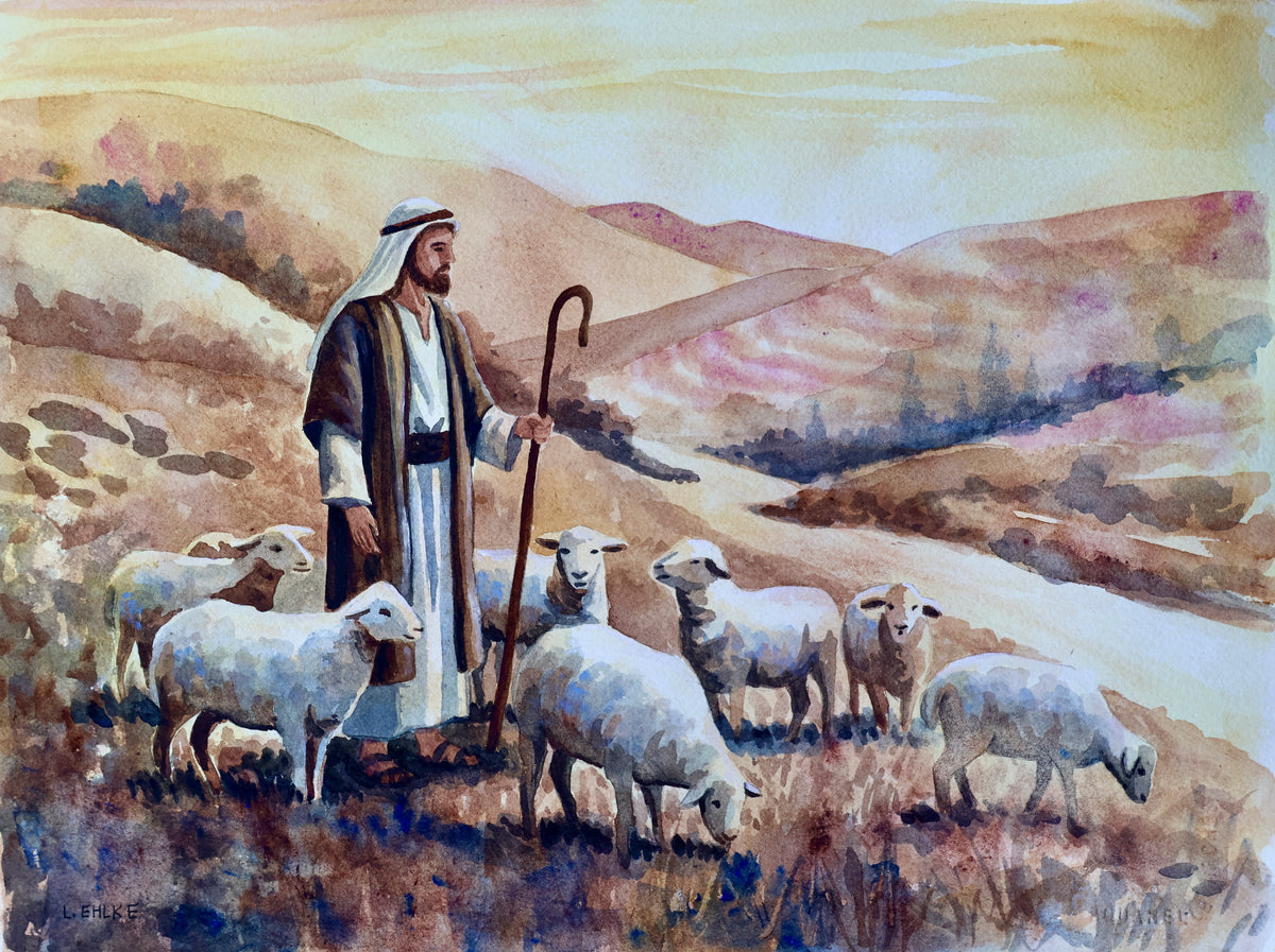Jesus Shepherd and Sheep- Watercolor Print