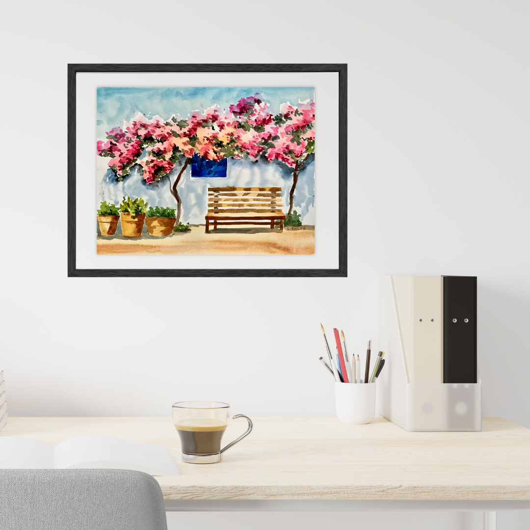 Pink Flowers over Bench - Watercolor Original - 9x12
