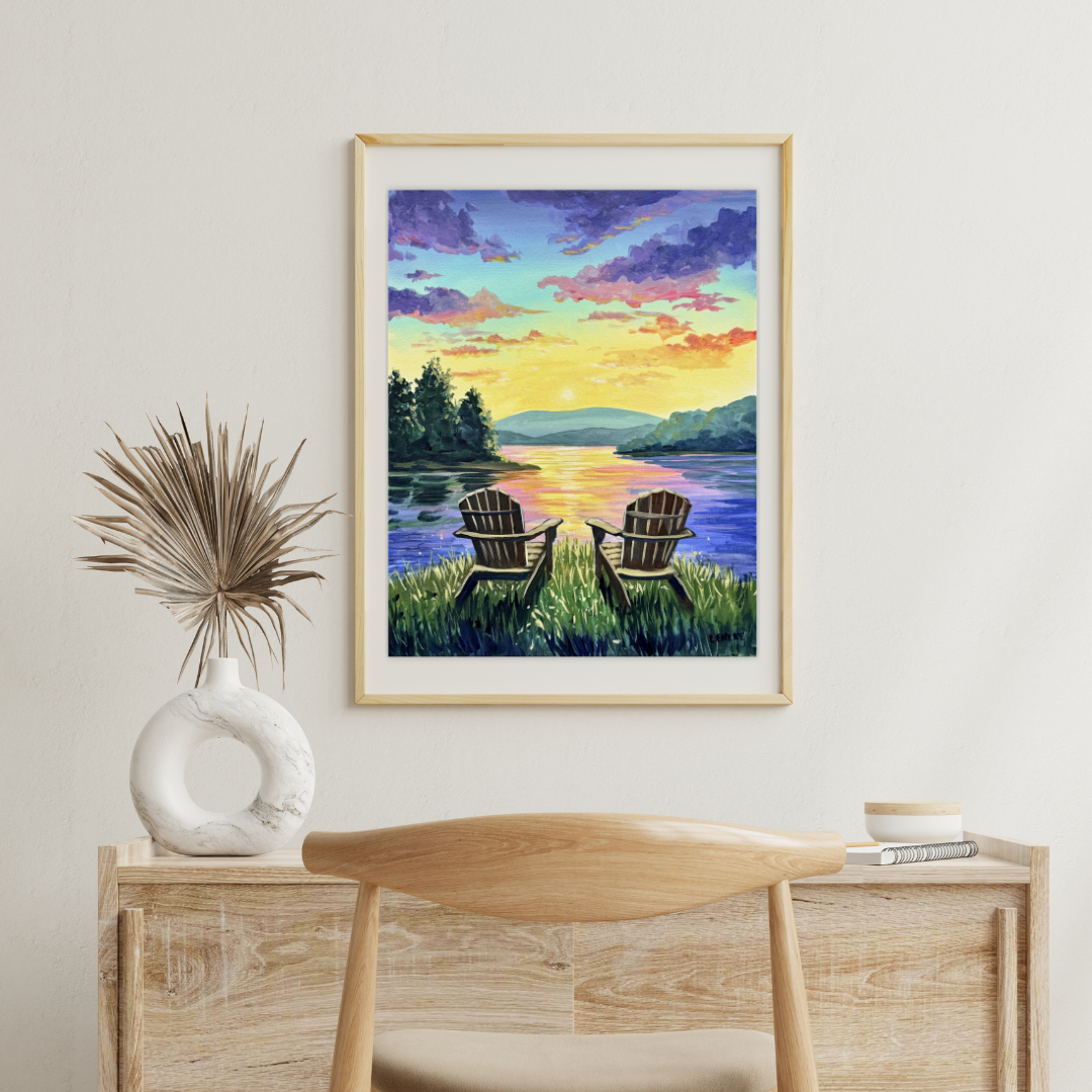 Two Chairs Sunset Lake - Acrylic Print