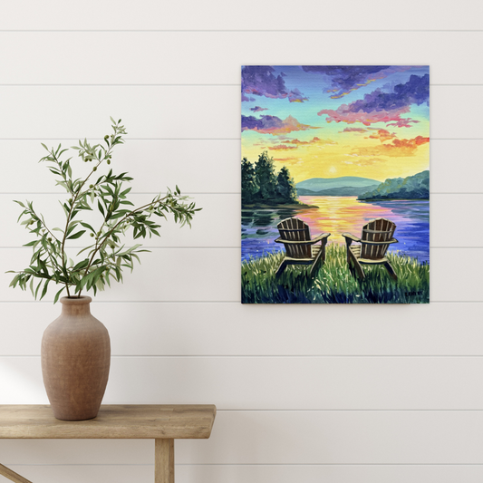 Two Chairs Sunset Lake - Acrylic Original - 16x20